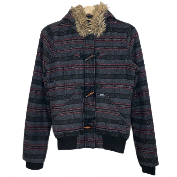 Roxy Surf Duffle Faux Fur Hooded Jacket Womens Small Aztec Western Geometric - Picture 1 of 10